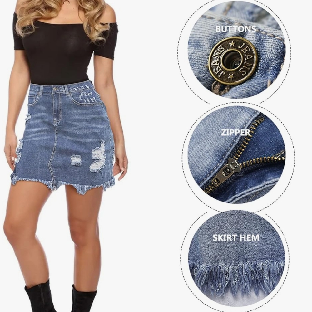 Stretchy Denim Jean Mini Skirt, Distressed, S/ M, Fringed Fitted Stretch Cotton - Picture 5 of 12